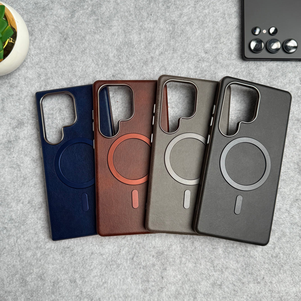 Samsung Galaxy S24 Ultra Metallic Textured Leather MagSafe Ring Case Cover
