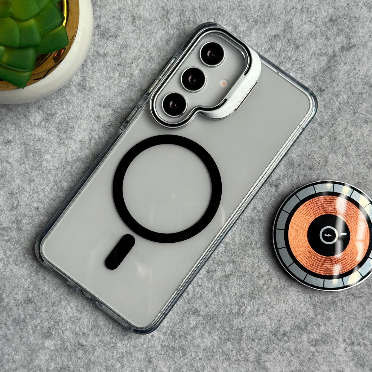 Samsung Galaxy S25 Transparent MagSafe Cover With Metal Camera Bump Kick Stand