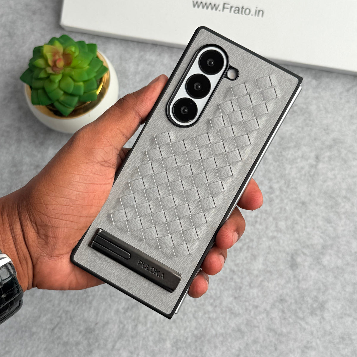 Samsung Galaxy Z Fold 6 PU Weave Leather with Metal Kickstand Slim Back Cover