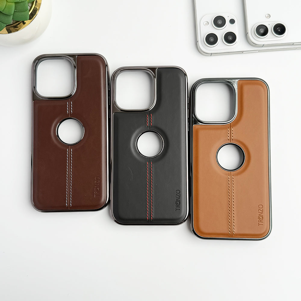 iPhone 16 Series Logo Cut Chrome Plated PU leather Luxury Case Cover