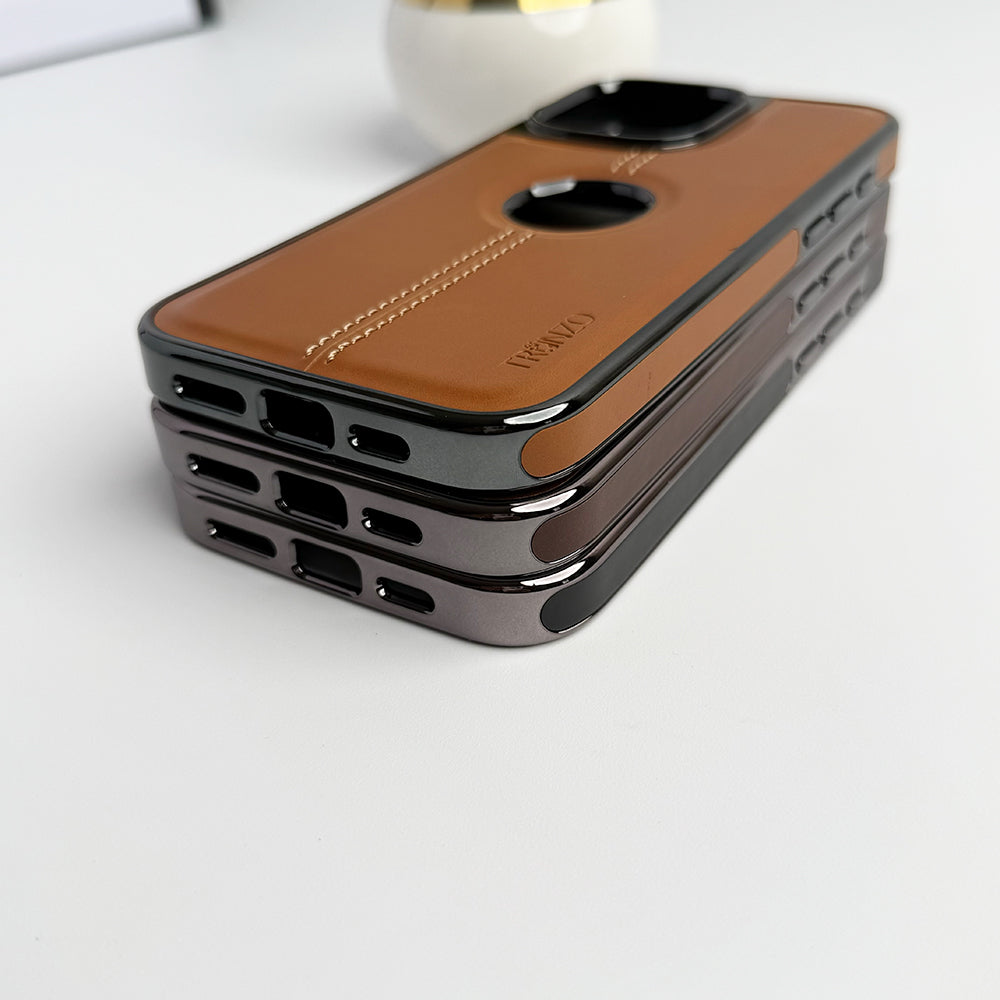 iPhone 16 Series Logo Cut Chrome Plated PU leather Luxury Case Cover