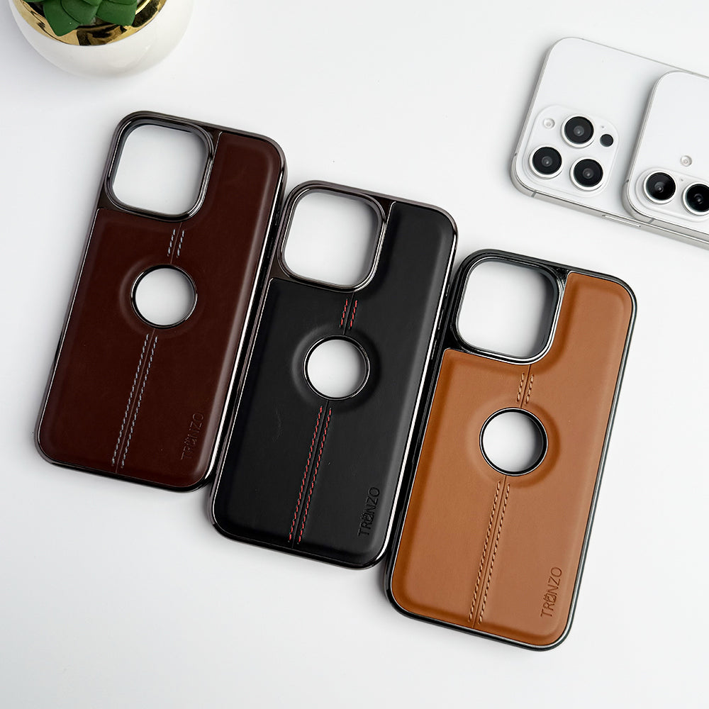 iPhone 16 Series Logo Cut Chrome Plated PU leather Luxury Case Cover
