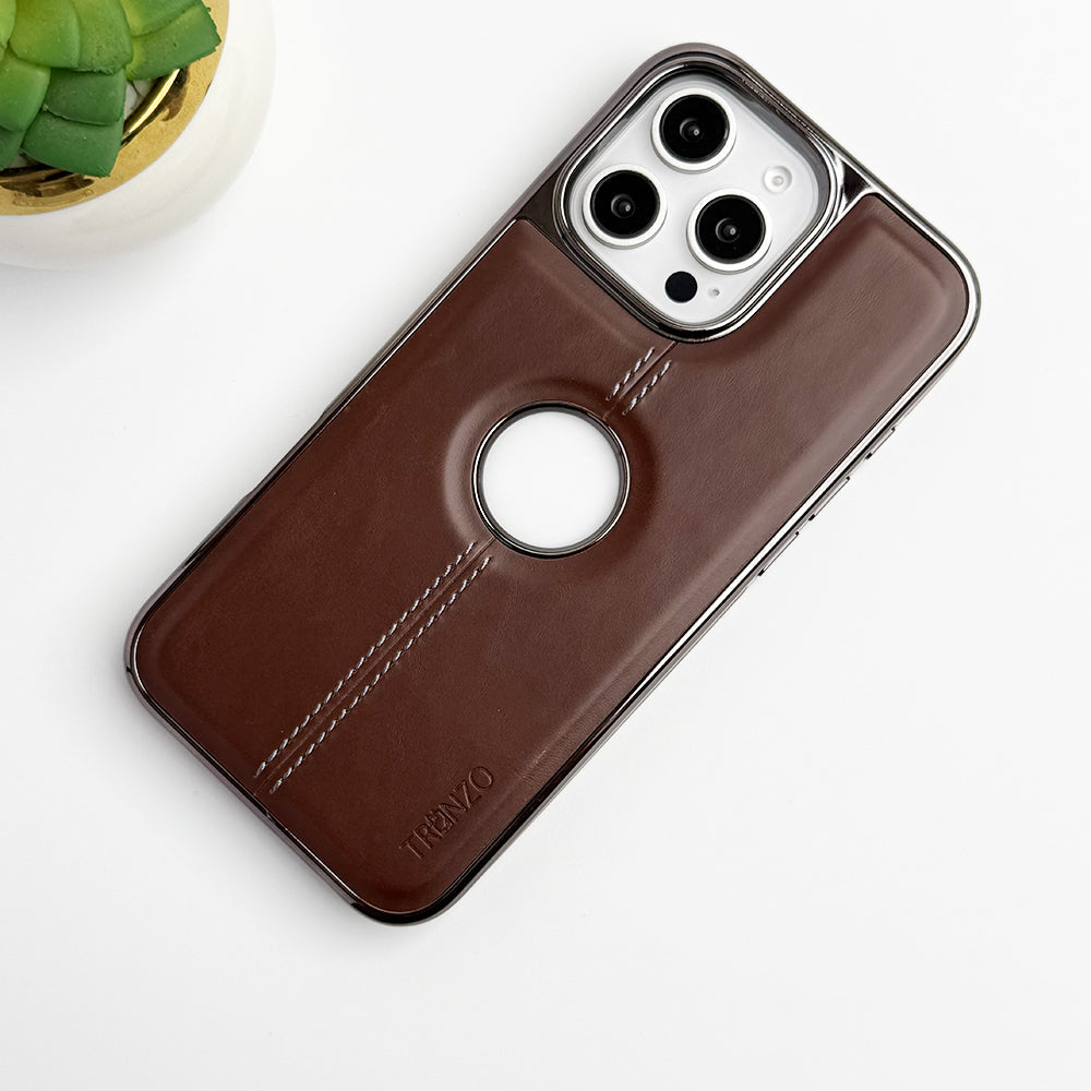 iPhone 16 Series Logo Cut Chrome Plated PU leather Luxury Case Cover