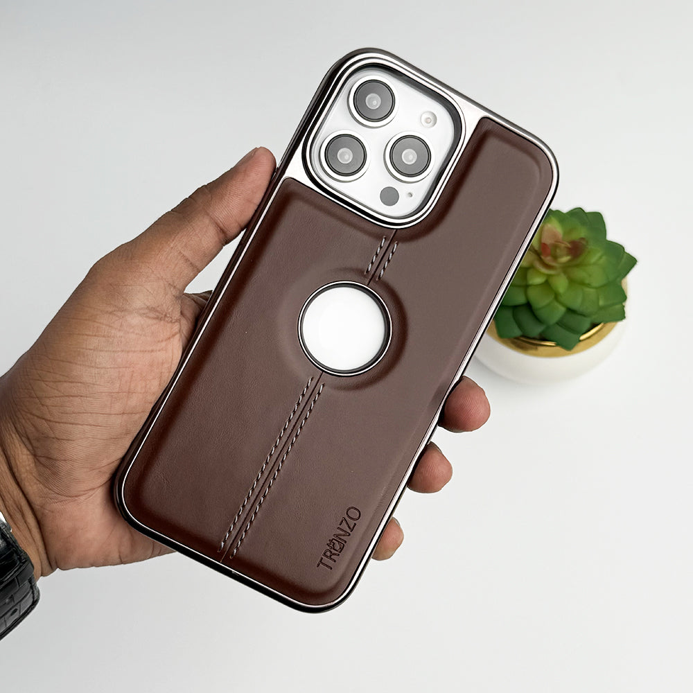 iPhone 16 Series Logo Cut Chrome Plated PU leather Luxury Case Cover