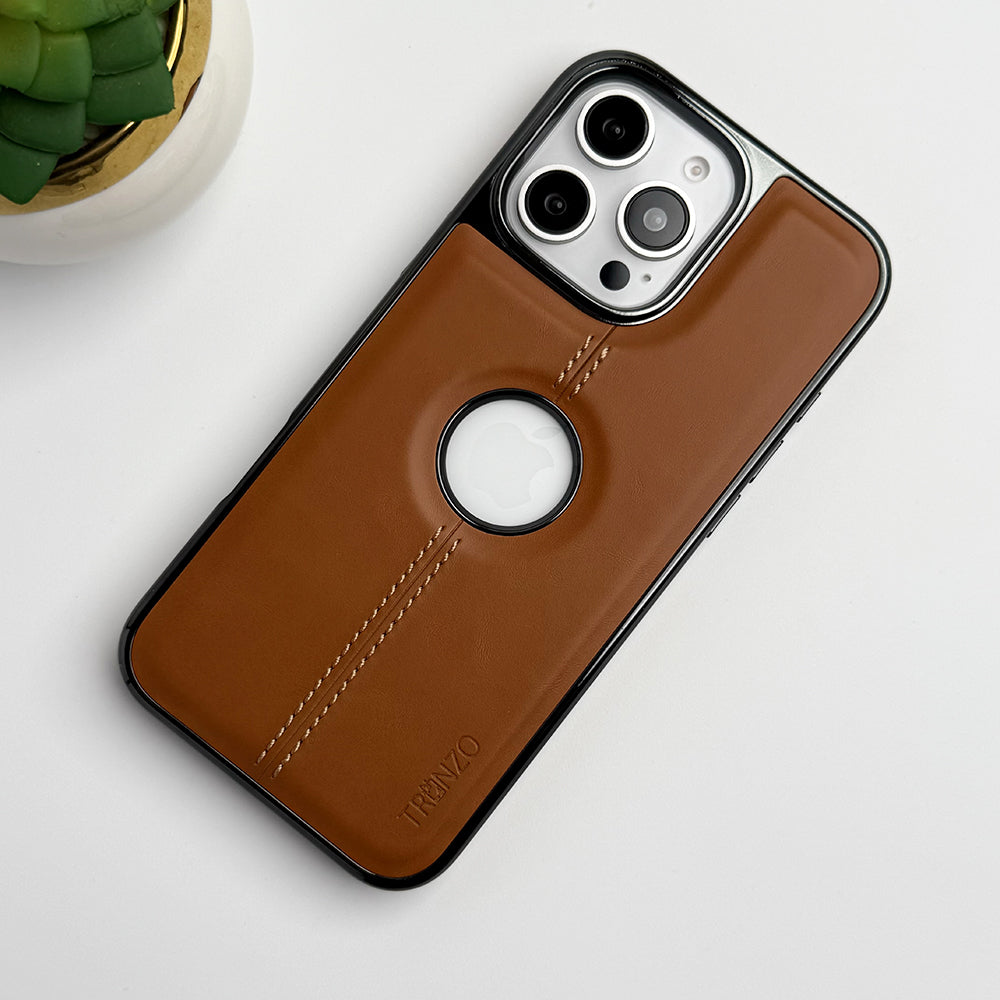 iPhone 16 Series Logo Cut Chrome Plated PU leather Luxury Case Cover
