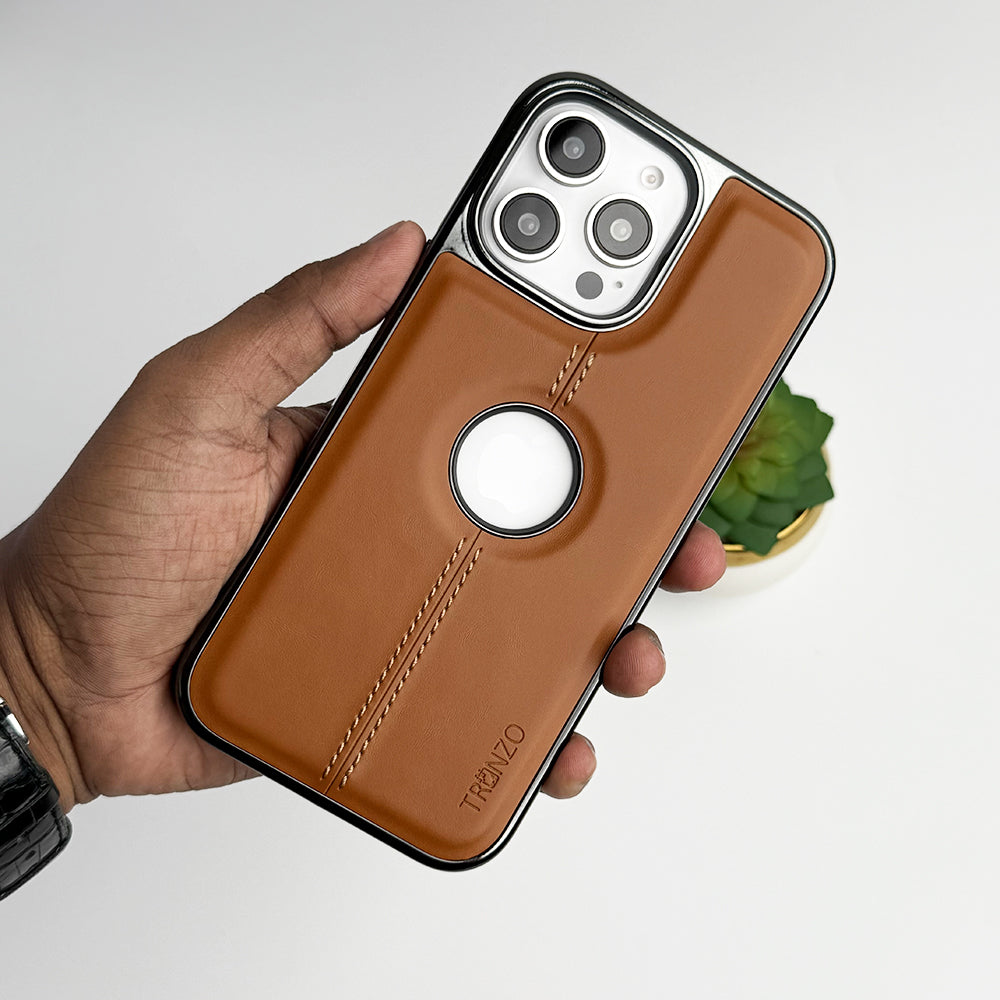 iPhone 16 Series Logo Cut Chrome Plated PU leather Luxury Case Cover