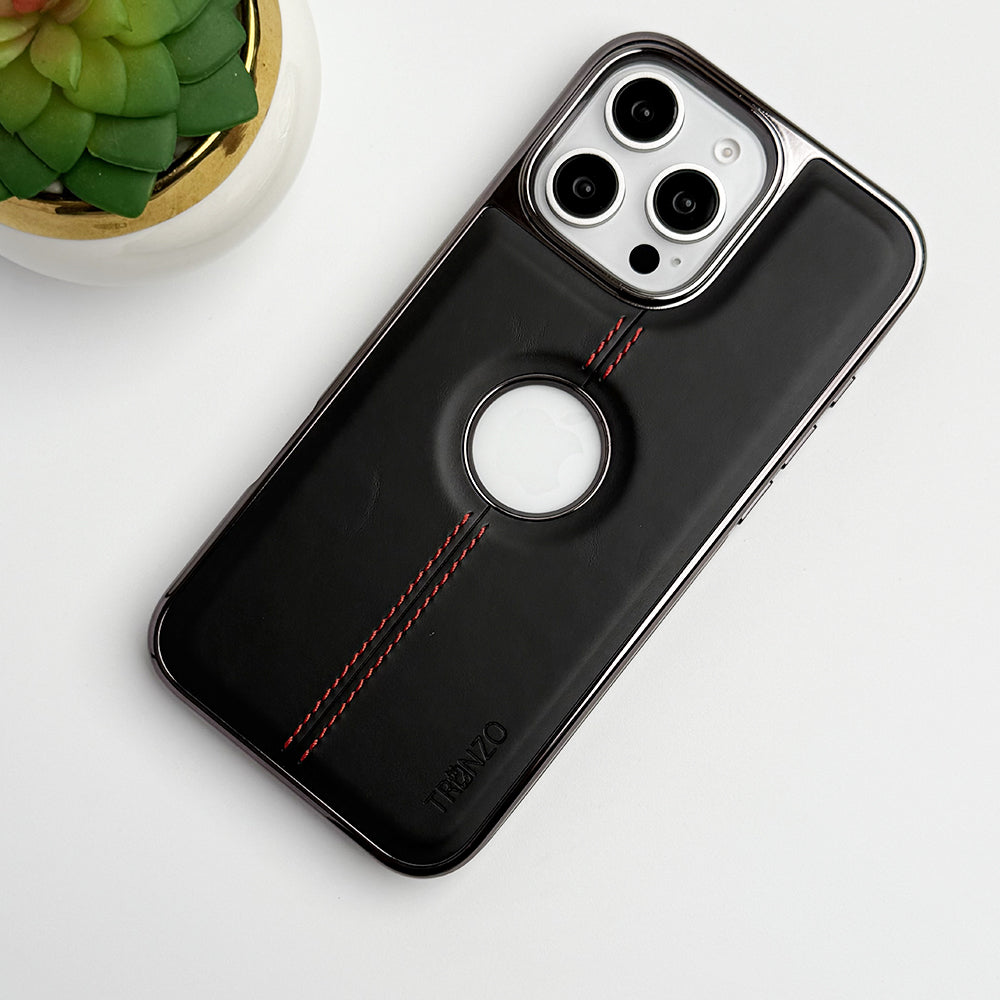 iPhone 16 Series Logo Cut Chrome Plated PU leather Luxury Case Cover