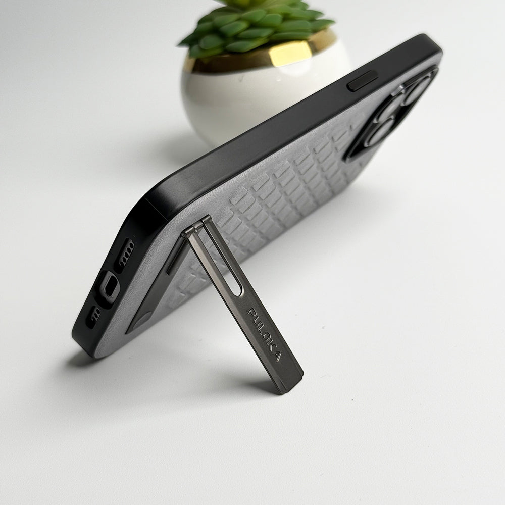 iPhone 16 Series Weave Leather with Metal Kickstand Slim Back Cover