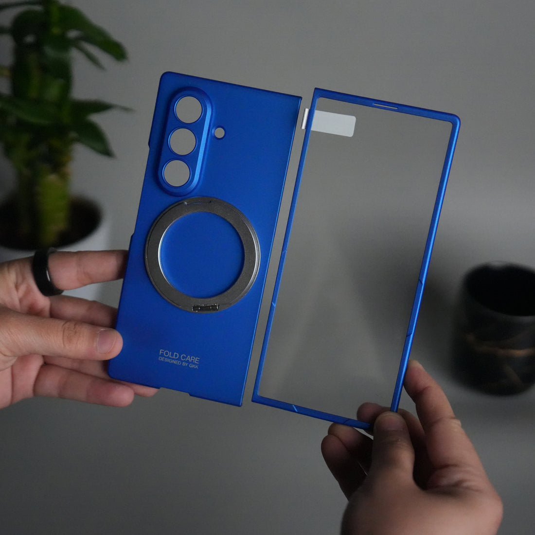 Galaxy Z Fold 7 Metal Ring Kickstand Case with Front Glass | Matte Hard Back Cover | BLUE