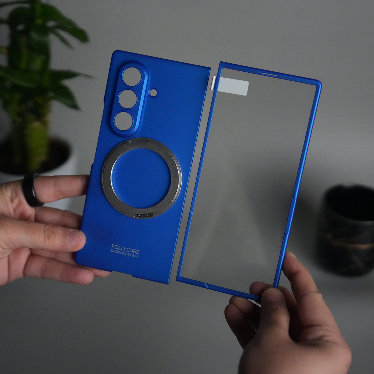 Galaxy Z Fold 7 Metal Ring Kickstand Case with Front Glass | Matte Hard Back Cover | BLUE