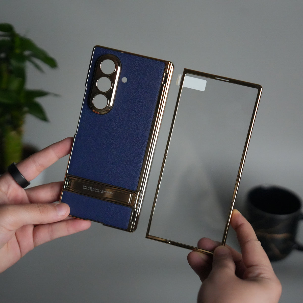 Galaxy Z Fold 7 PU Leather Case with Chrome-Plated Hinge & Kickstand Front Glass Cover | BLUE