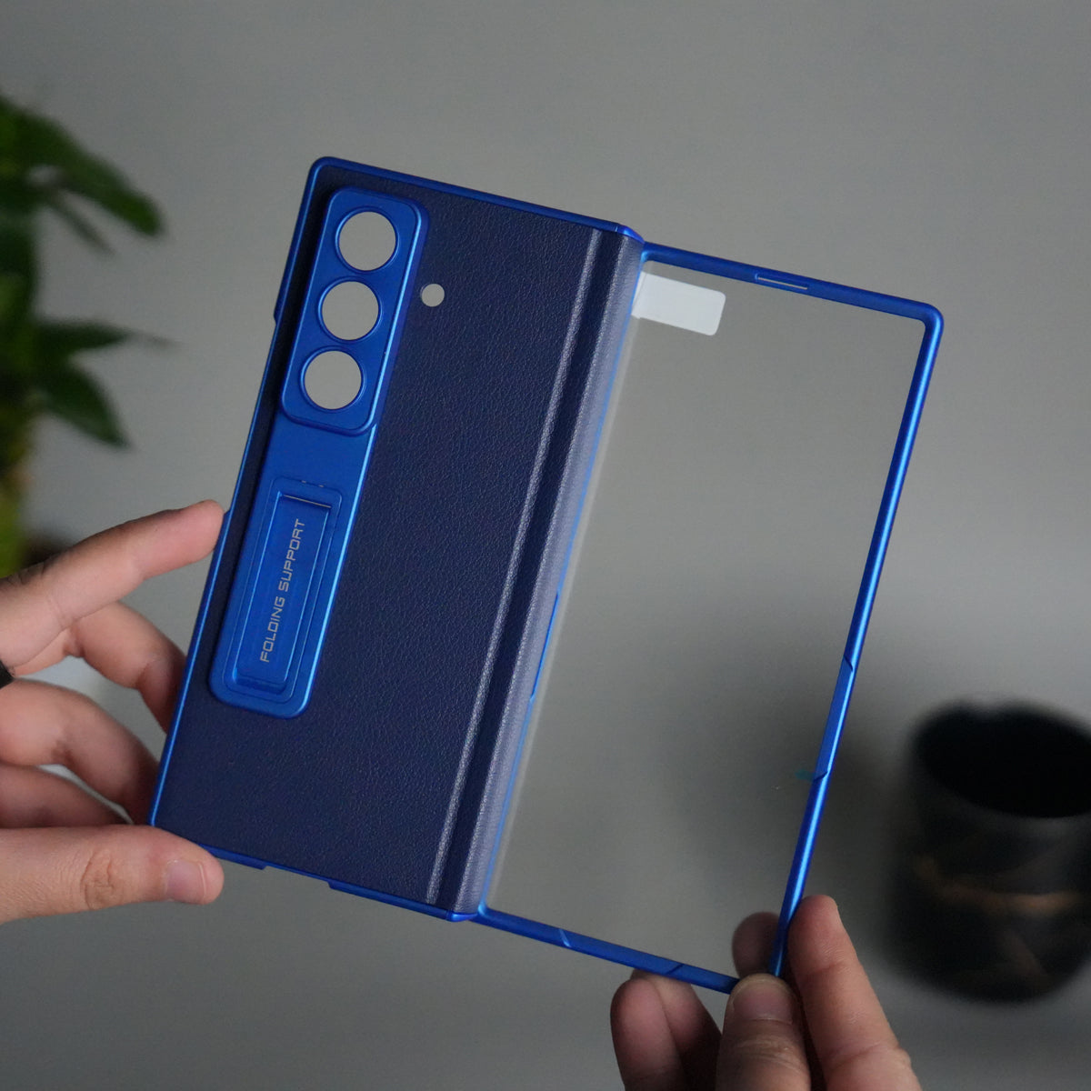 Galaxy Z Fold 7 PU Leather Kickstand Case with Front Glass | Hinge Protection | Slim Matte Hard Back Cover | BLUE