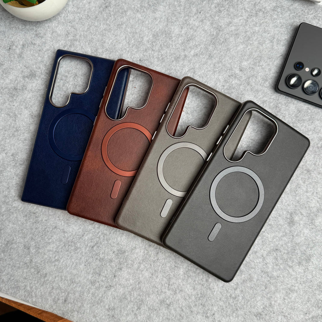 Samsung Galaxy S24 Ultra Metallic Textured Leather MagSafe Ring Case Cover
