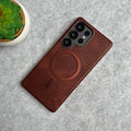 Samsung Galaxy S24 Ultra Metallic Textured Leather MagSafe Ring Case Cover