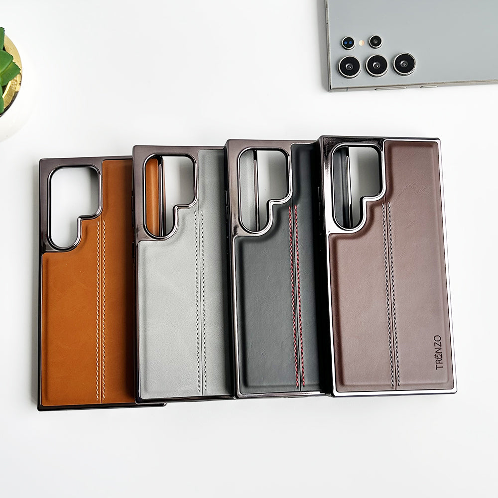 Samsung Galaxy S24 Ultra PU Leather Middle Stitch Side Chrome Case Cover