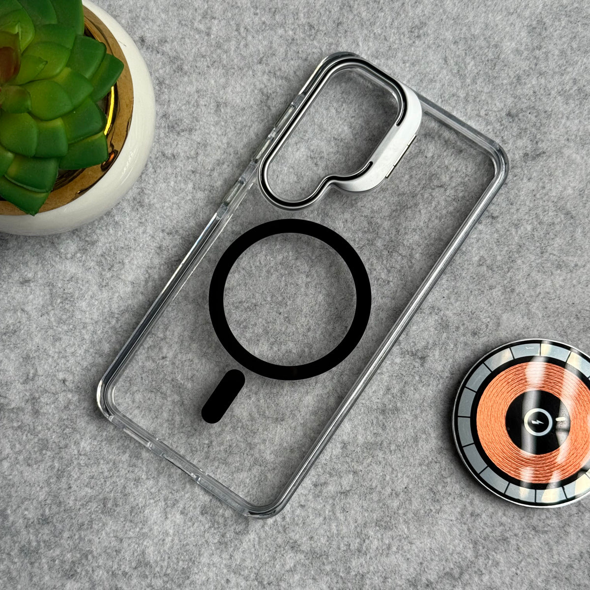 Samsung Galaxy S25 Transparent MagSafe Cover With Metal Camera Bump Kick Stand