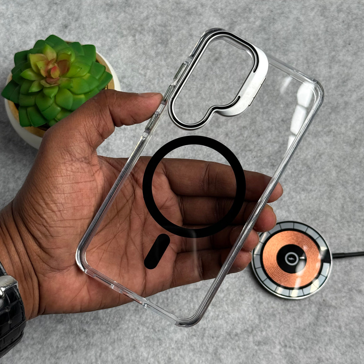 Samsung Galaxy S25 Transparent MagSafe Cover With Metal Camera Bump Kick Stand