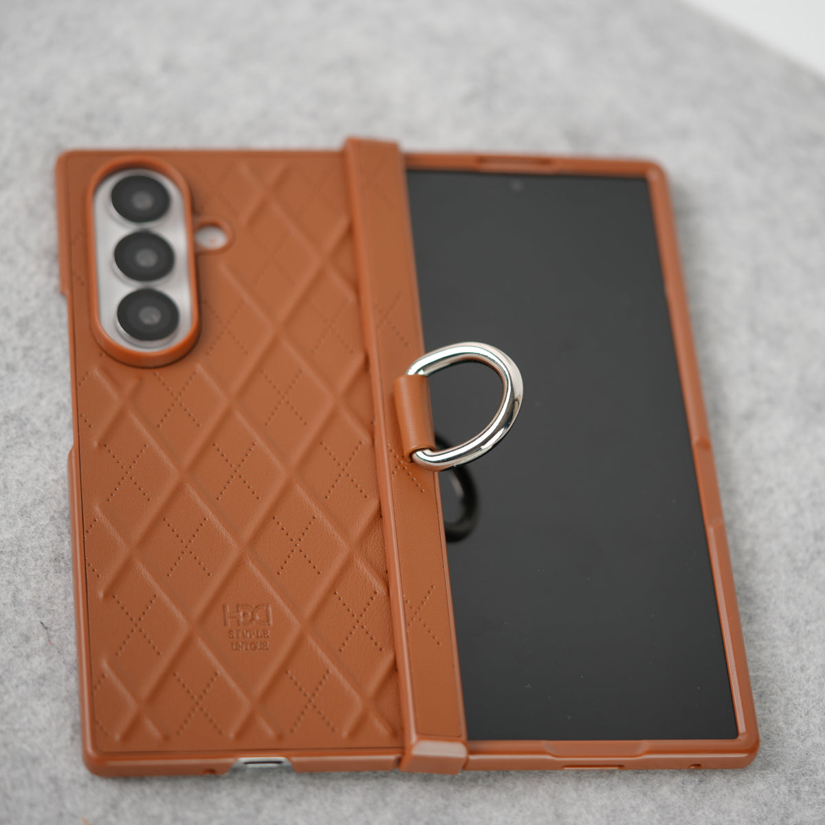 Samsung Galaxy Z Fold 7 PU Leather Cross Dot Hinge Protection Metal Ring Case Cover
