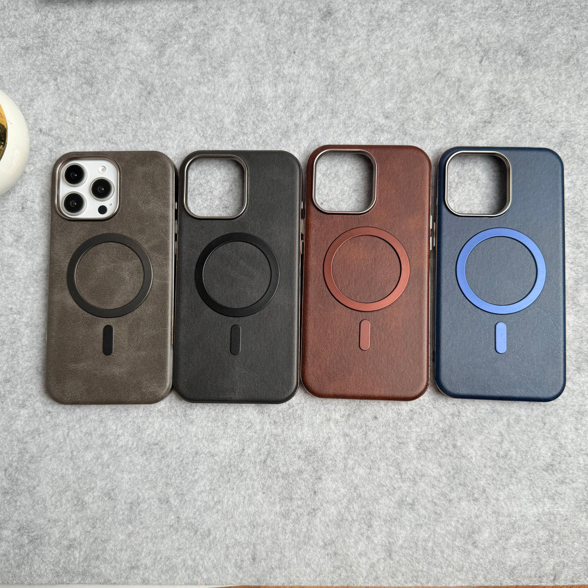 iPhone 15 Pro Metallic Textured Leather MagSafe Ring Case Cover