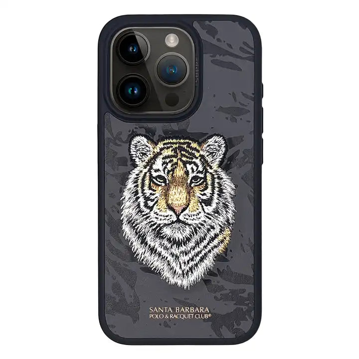 iPhone 15 Pro Premium Santa Barbara Savana Tiger Leather Case Cover (Black)