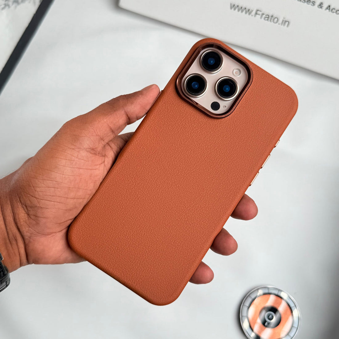iPhone 16 Pro Premium Leather Texture Metal Camera Bump MagSafe Cover Brown