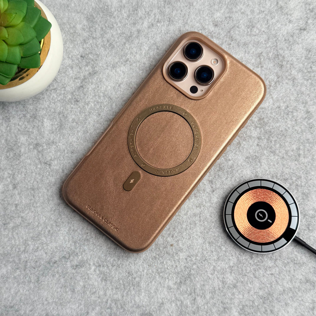 iPhone 16 Pro Premium PU Leather Metal MagSafe Ring Case Golden