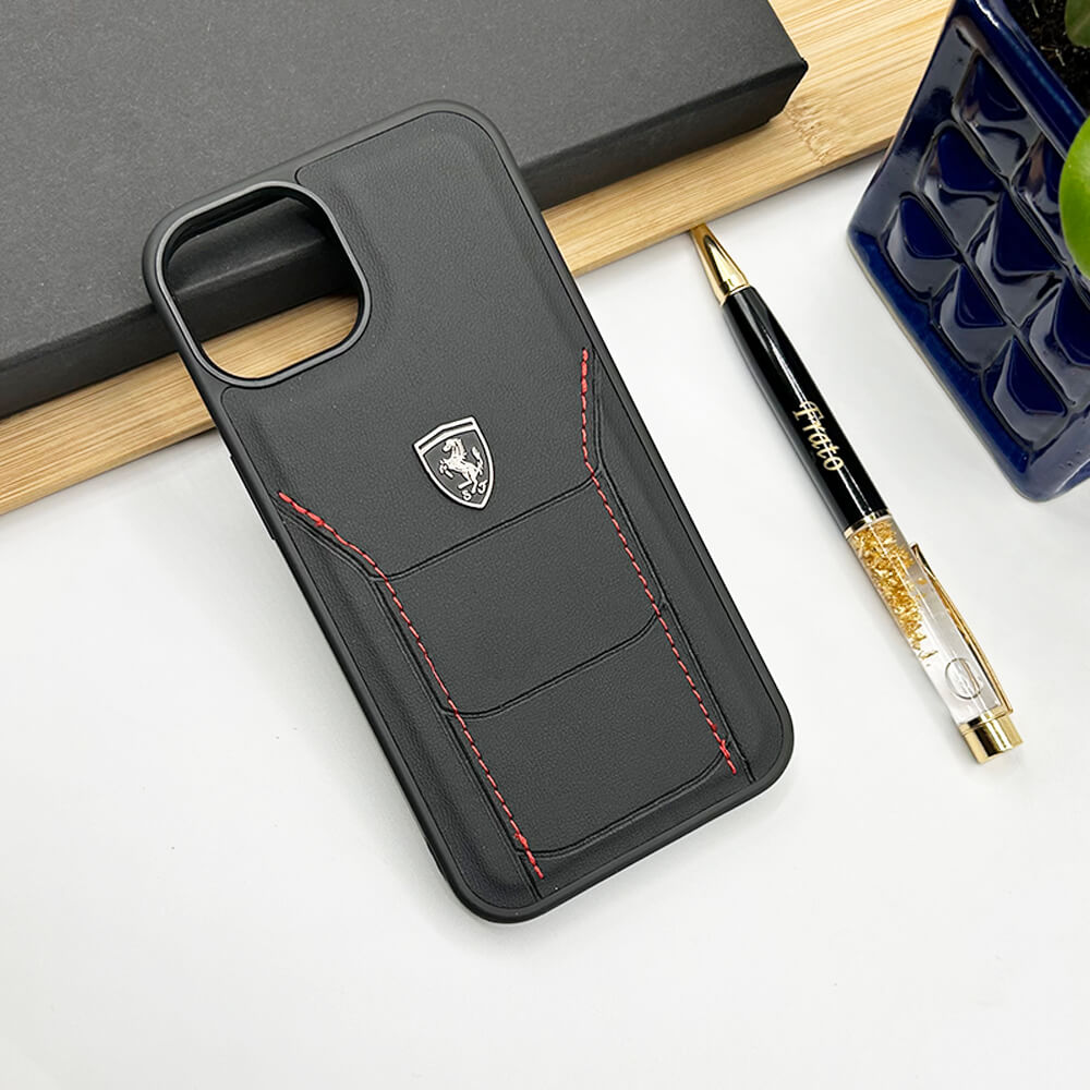 iPhone 16 Series Ferrari Sports Car Logo Side Stitch Leather Cover Black