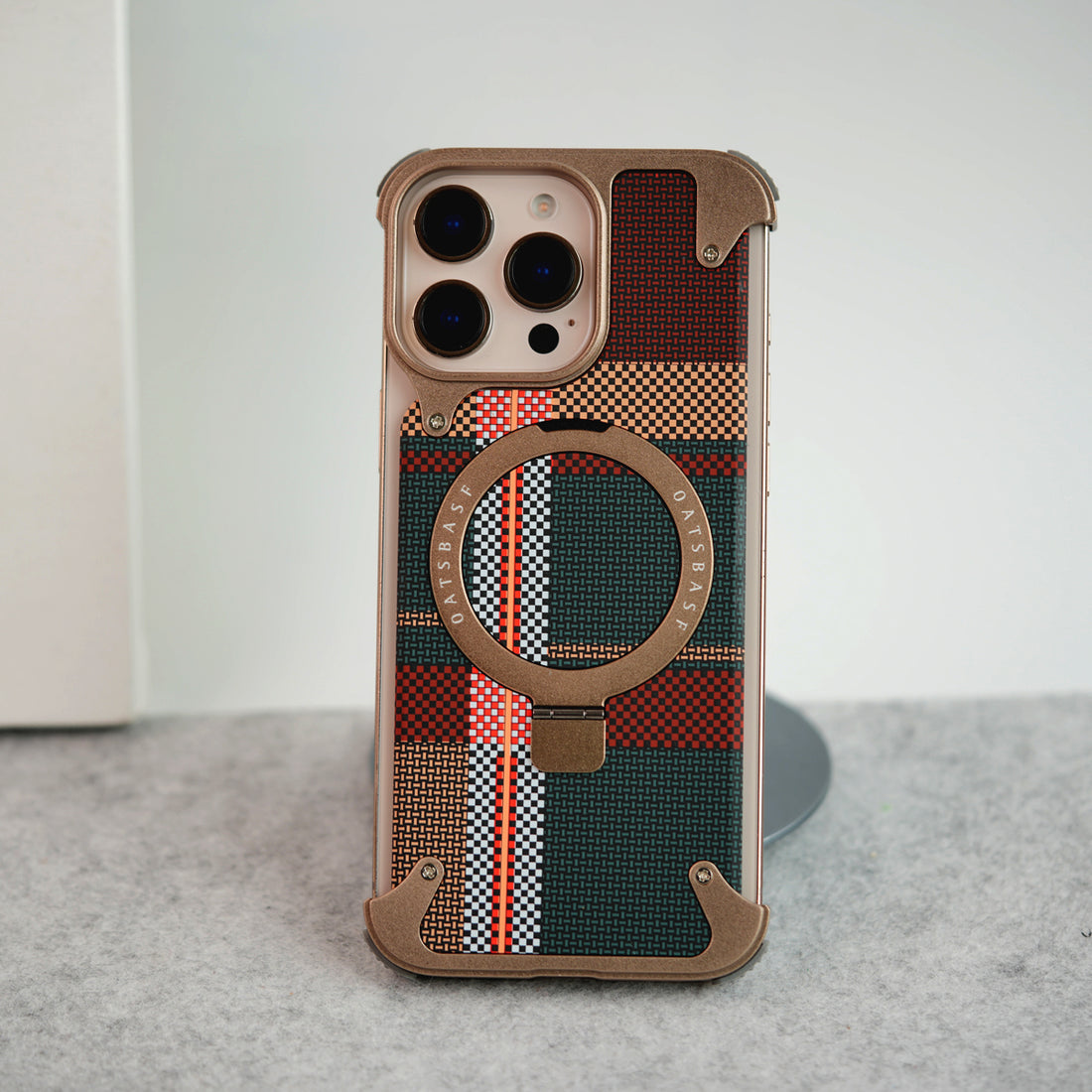 iPhone 16 Series Kevlar Fiber Texture Frameless Metal Kickstand Case