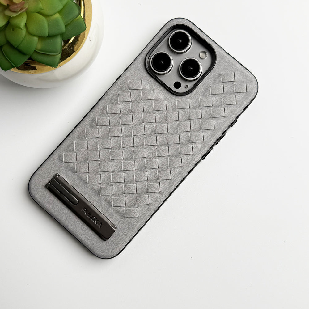 iPhone 16 Series Weave Leather with Metal Kickstand Slim Back Cover