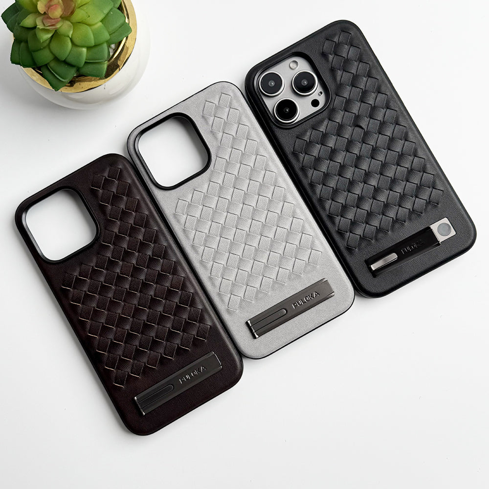 iPhone 16 Series Weave Leather with Metal Kickstand Slim Back Cover