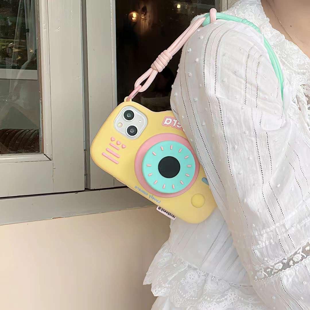 iPhone 3D Cute Silicone Camera Design Case Cover With Lanyard Strap