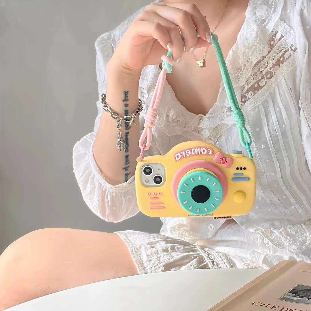 iPhone 3D Cute Silicone Camera Design Case Cover With Lanyard Strap
