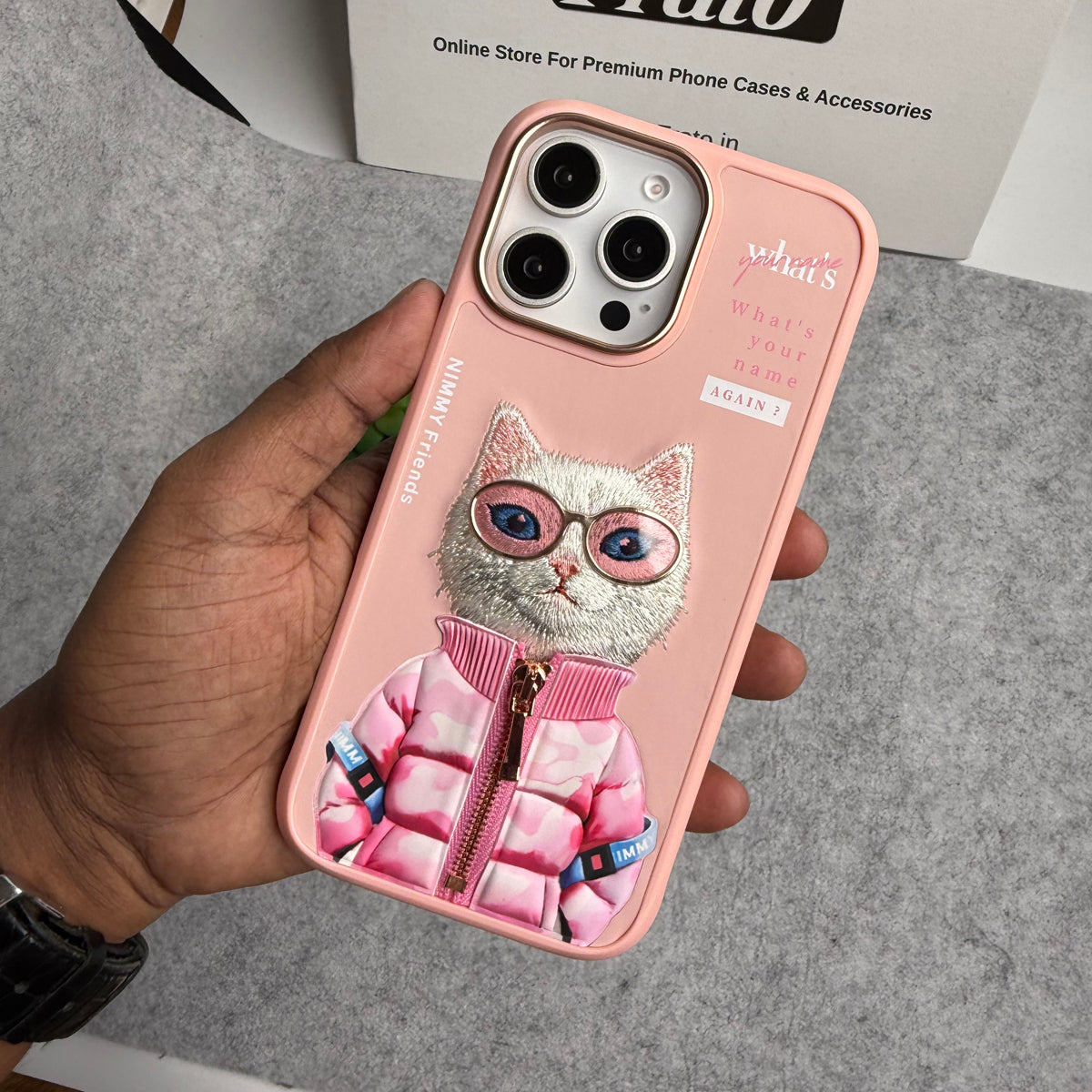 iPhone 3D Embroidery Cat Pink Zipper Jacket Case