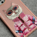 iPhone 3D Embroidery Cat Pink Zipper Jacket Case